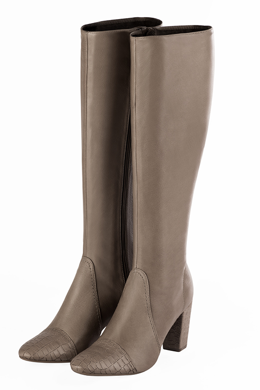 Bronze beige women's feminine knee-high boots. Round toe. High block heels. Made to measure. Front view - Florence KOOIJMAN